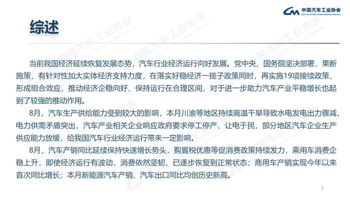 8月，雖受南方限電、疫情多發(fā)等不利因素影響，汽車產銷總體完成情況良好。本月產銷量雖比上月略有下降，但同比仍呈現高速增長。本月汽車產銷分別完成239.5萬輛和238.3萬輛，環(huán)比分別下降2.4%和1.5%，同比分別增長38.3%和32.1%。目前行業(yè)持續(xù)保持良好發(fā)展態(tài)勢，并有望繼續(xù)延續(xù)。