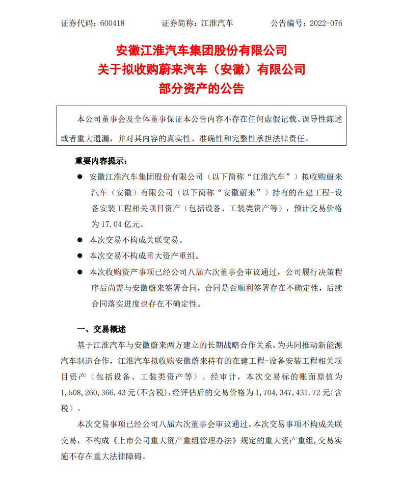 江淮汽車擬收購(gòu)蔚來汽車（安徽）有限公司（以下簡(jiǎn)稱“安徽蔚來”）持有的在建工程-設(shè)備安裝工程相關(guān)項(xiàng)目資產(chǎn)（包括設(shè)備、工裝類資產(chǎn)等），預(yù)計(jì)交易價(jià)格為17.04億元。