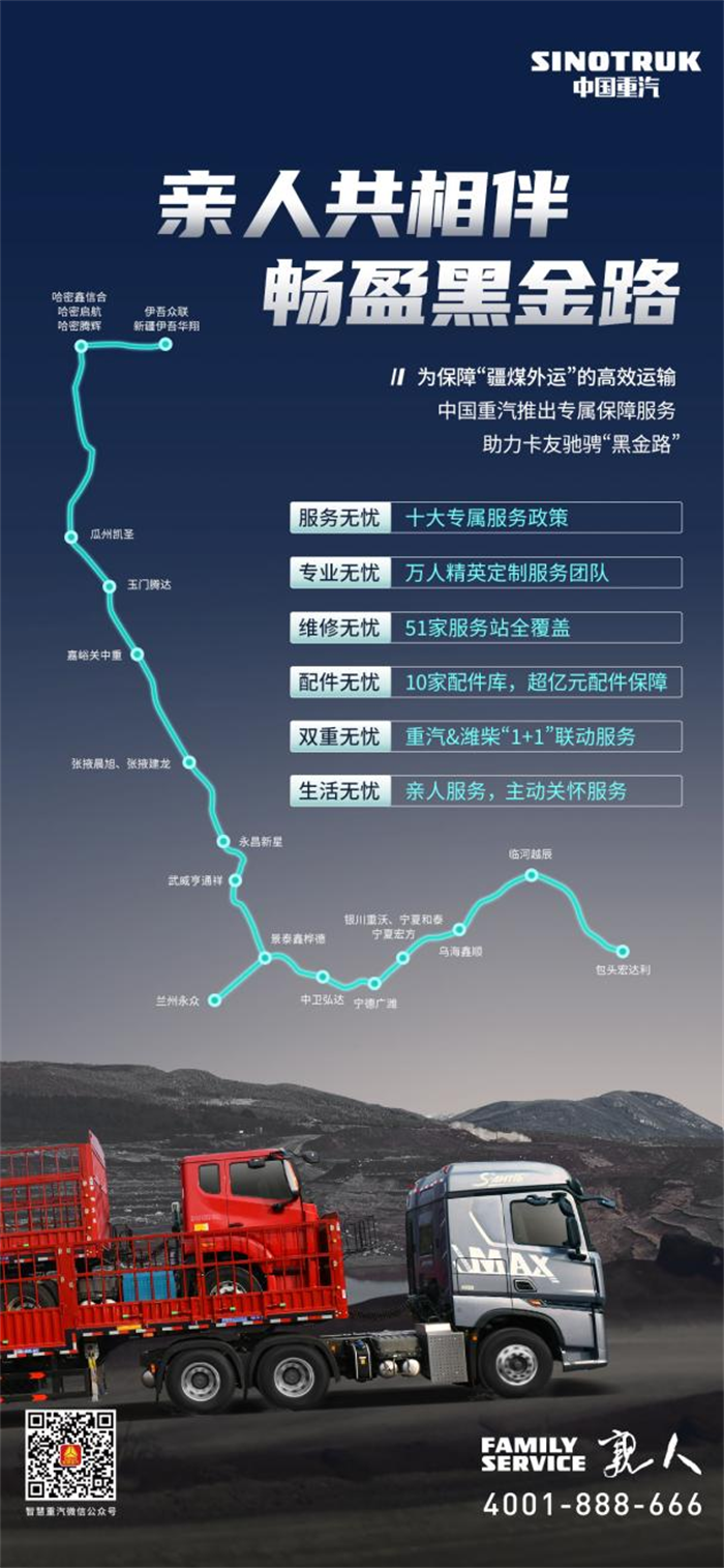 中國重汽豪沃MAX煤炭運輸車聚焦運煤客戶運營需求，以卓越產品力和高效運營助力客戶提升收益，而七星級“親人”服務更為客戶帶來優(yōu)質用車體驗，助力客戶把“黑金路”走穩(wěn)、走寬。