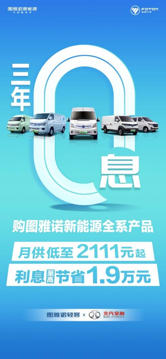 5月再傳喜訊，圖雅諾輕客攜手北汽金融聯(lián)合推出3年0息定額貸的重磅金融產(chǎn)品，月供低至2111元，利息至高可節(jié)省1.9萬元，助力新青年輕松創(chuàng)富，共建零碳城配新生態(tài)。