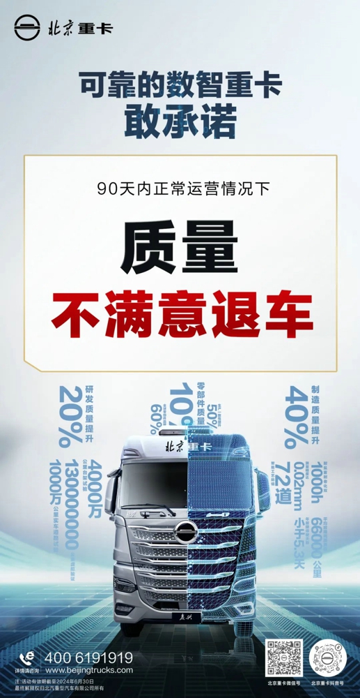 為慶祝北京重卡榮膺“2024中國年度卡車”（CTOY2024）國際大獎，北京重卡官方推出三大重磅承諾，助力用戶放心購。